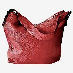 Laggo Reed Hobo Bag Slouchy Tote in Red Pebbled Leather Gunmetal Studs EUC